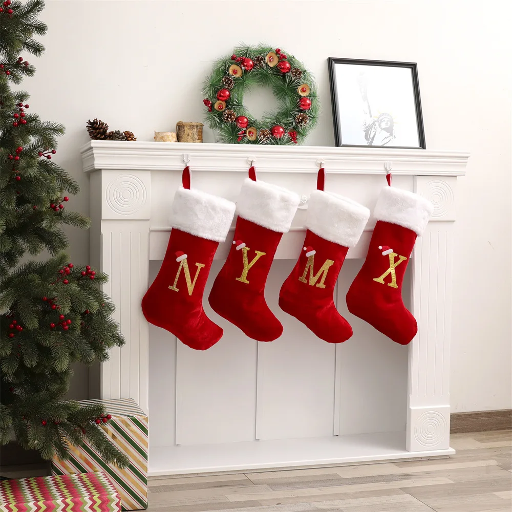 Christmas Stockings 50cm Embroidered Monogram Xmas Sock Holiday Family Stocking for Christmas Fireplace Party Decoration