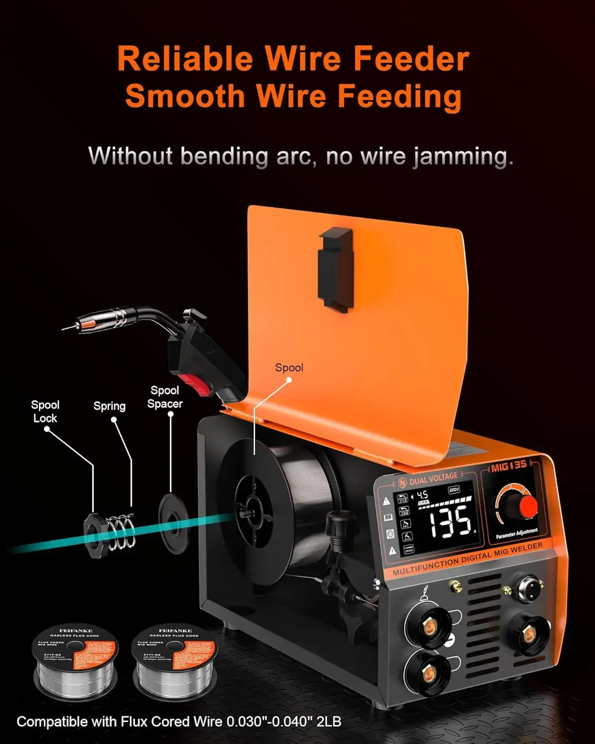 135A Flux Core MIG Welder 110V 3-IN-1 MIG/ARC/Lift TIG Welding Machine IGBT DC Inverter Gasless Welder Synergy Welding Machine