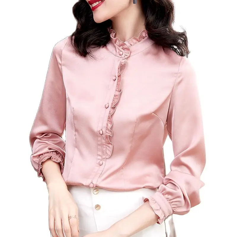 

Women's Long Sleeve Ruffles Neck Silk Blouses, Classic Button Up Shirts, Simple Monochromatic Satin Blouse, OL Tops, Luxury Desi