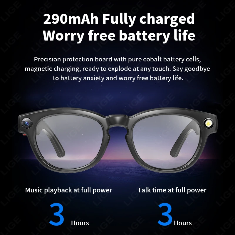 LIGE AI Smart Glasses 4K HD 800W Camera Shoot Video 290mAh Battery Voice Assistant Control Calling Outdoor Color-change Lenses