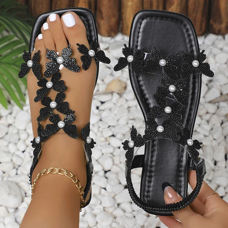 Women's Rhinestone Sandals - Sparkly Flat Dress Sandals For Summer & Beach Weddings