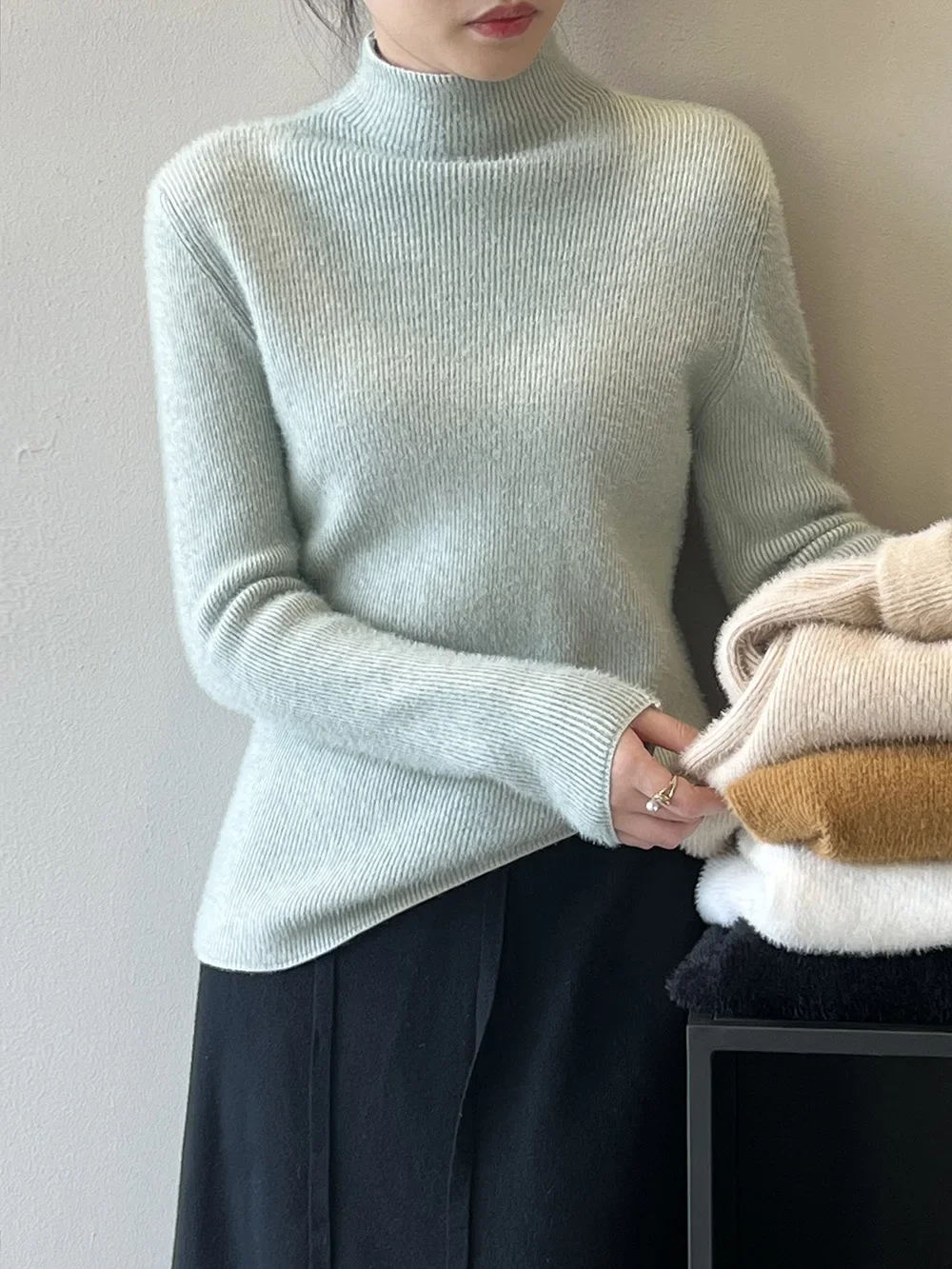 

Мягкий Пушистый пуловер из искусственного меха норки с высоким воротом, свитер для женщин, зимний плотный теплый приталенный базовый слой верхней вязки