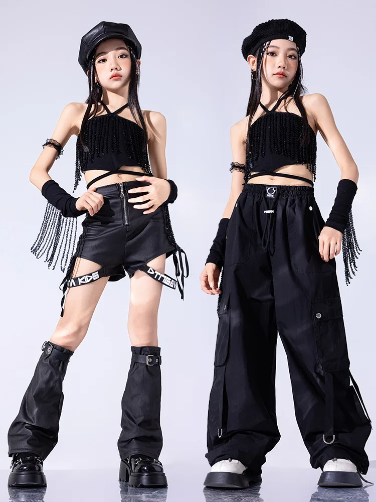 Hip Hop Kids Dancing Costume for Girls Child Party Show Black Leather Shorts T Shirts Pants JK Skirt Jazz Ballroom Dance Clothes