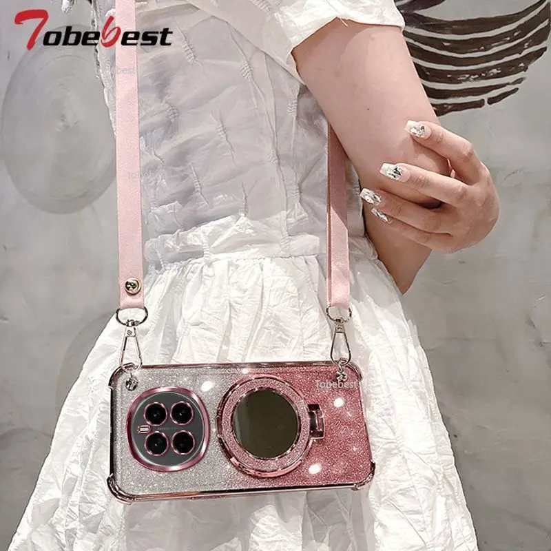 Crossbody Lanyard Shockproof Plating Case with Makeup Mirror Holder