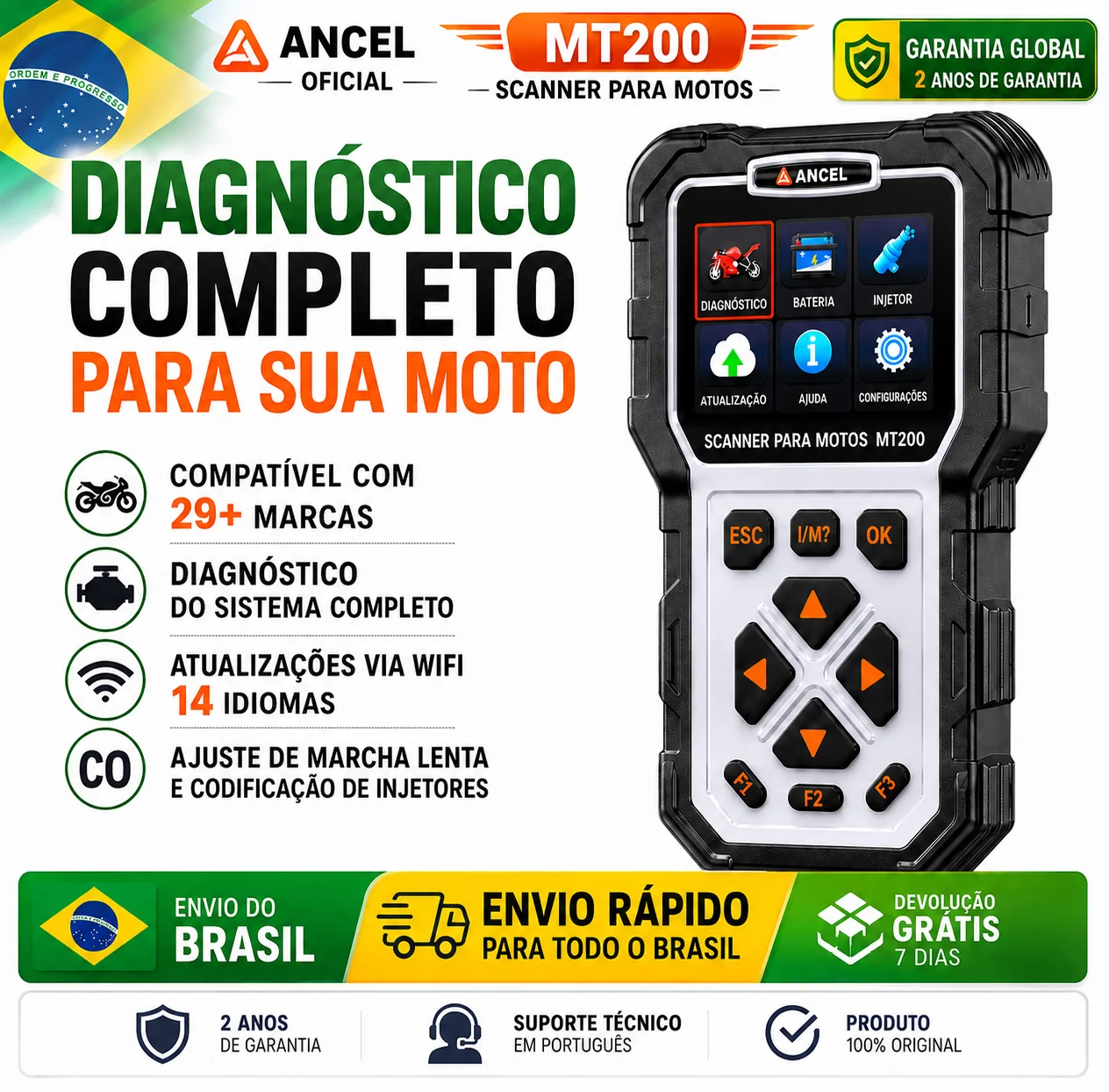 Scanner de Diagnóstico para Motocicletas ANCEL MT200, Leitor de Códigos OBD2 para Motocicletas, Sistema Completo, para BMW, Ducati, Yamaha, Suzuki, KTM, Atualização Gratuita