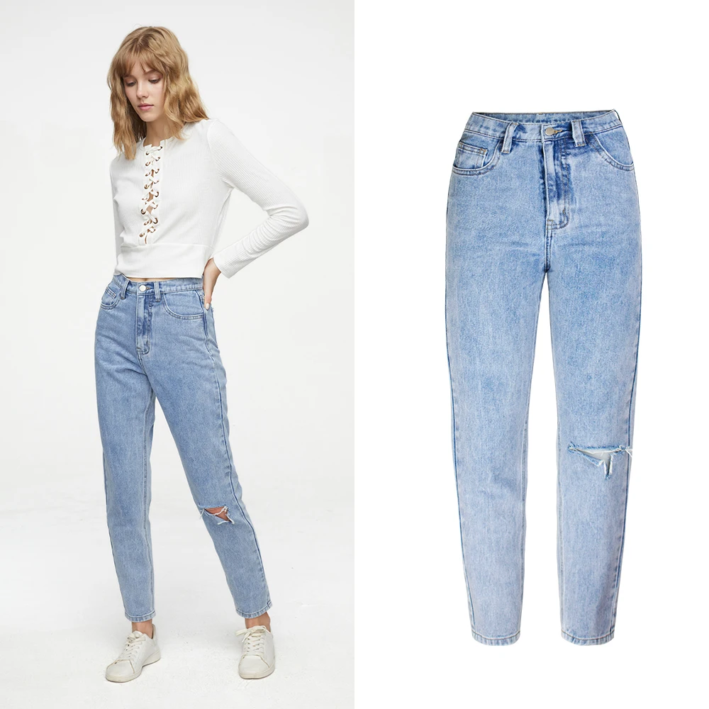 

Springtime New High Waist Elastic Skinny Jeans Woman Hole Ripped Denim Pencil Jeans Female Light Blue Vintage Woman Clothes