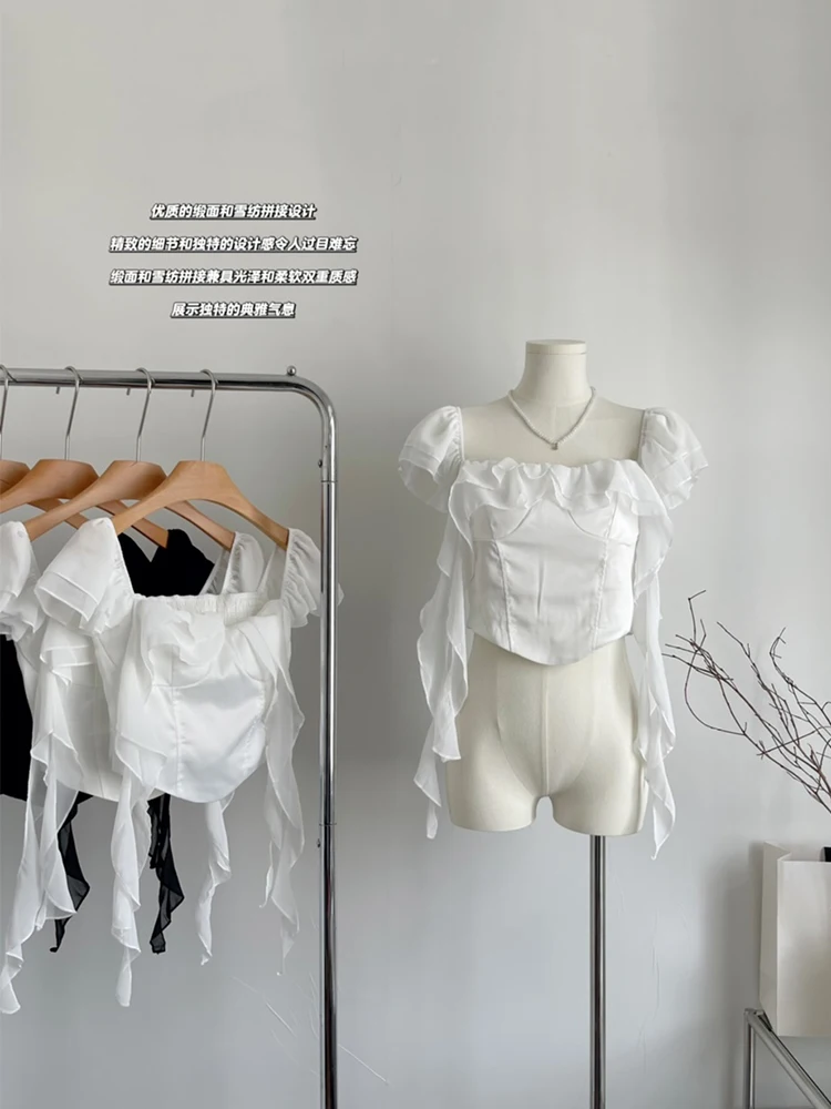 

Summer Women Kpop Vintage Solid Color Chiffon Shirts Mori Girl Short Sleeve Blouses Design Ballet Core Crop Top 2000s Aesthetic