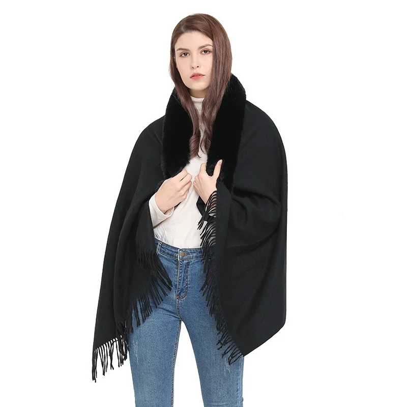 Autumn Imitation Fur Collar Scarf Cape Winter Warm Women Scarf Shawl Dual Purpose  Ponchos Lady Capes Cloak Black Cardigan