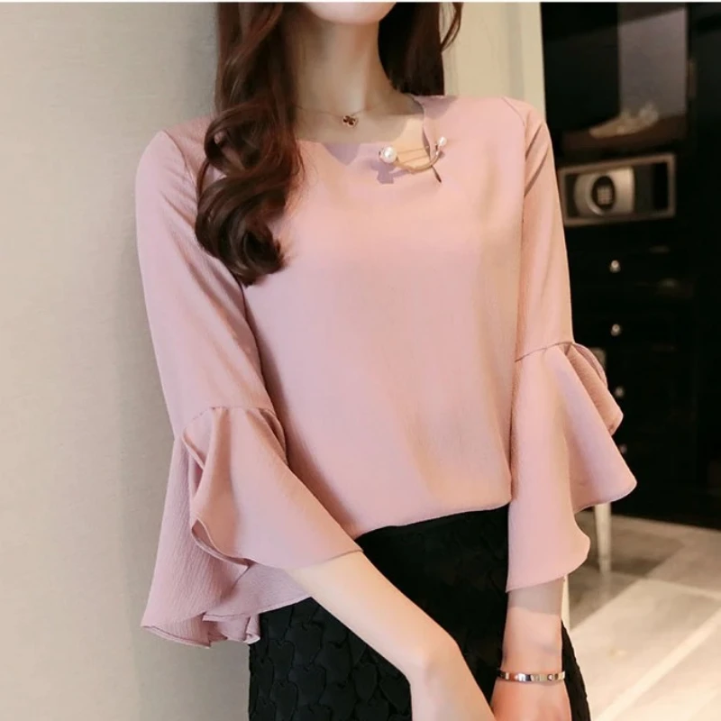Seven-point Female Ruffled Sleeved Loose Shirt Chiffon Blouses 3