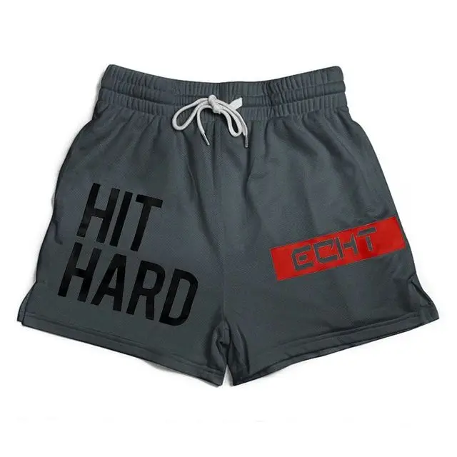 Summer Quick-drying Sports Shorts Men's Mesh Stretch Fitness Running Training Beach Pants HIT HARD Print GYM Basketball Short 6