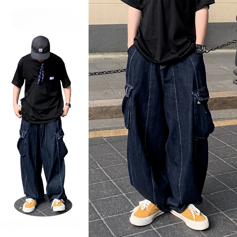 

Loose Large Pockets Cargo Jeans Men and Women Korean Fashion Streetwear Straight Wide-leg Pants Retro Hip-hop Drape Long Pants