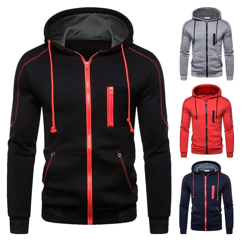 Men's Zippered Hooded Sweatshirt Long Sleeve Casual Autumn Winter Fashion Outwear Thin Comfortable Athletic Wear