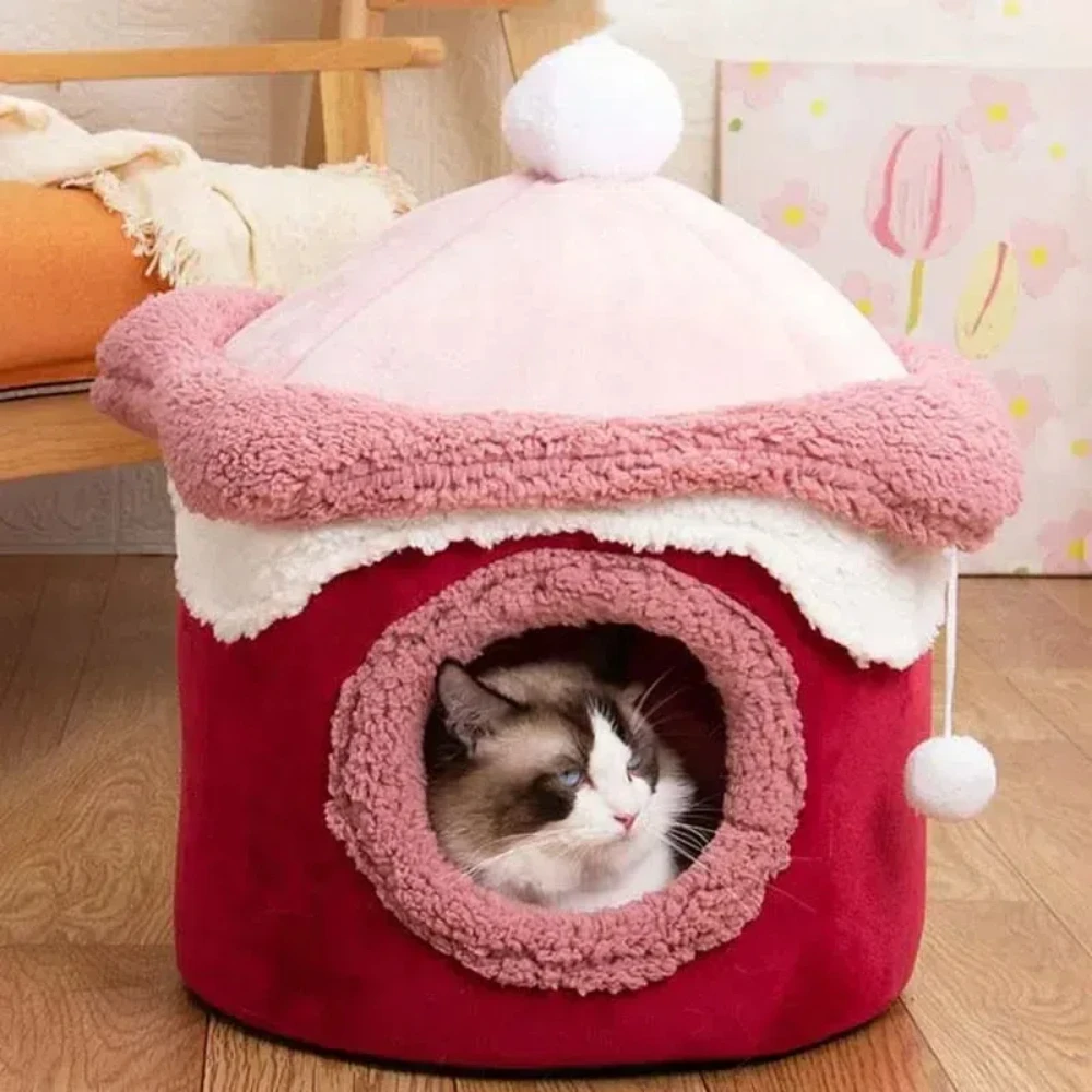 2024 Winter Warm Cat Dog House Deep Sleep Pet Nest Geometric Ice Cream House Fun Comfort Nest for Small Medium Cat Dogs Pet