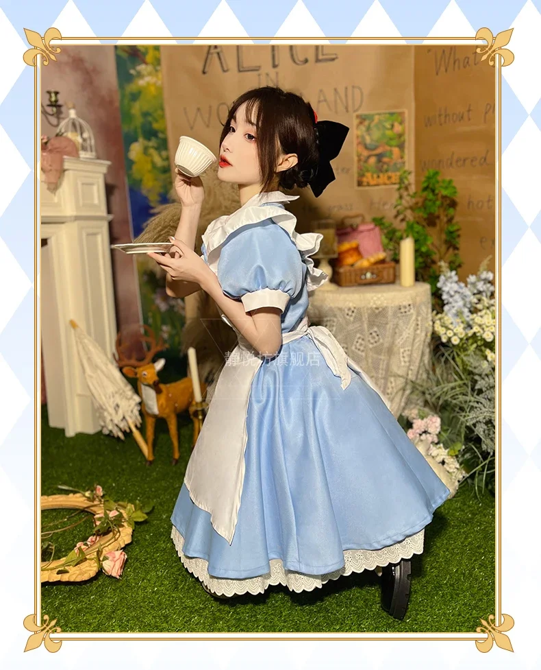 Women Lolita OP Dress Girl Blue Party Dress + Headwear + Apron Women Short Sleeve Maid Set Halloween Cosplay Costume