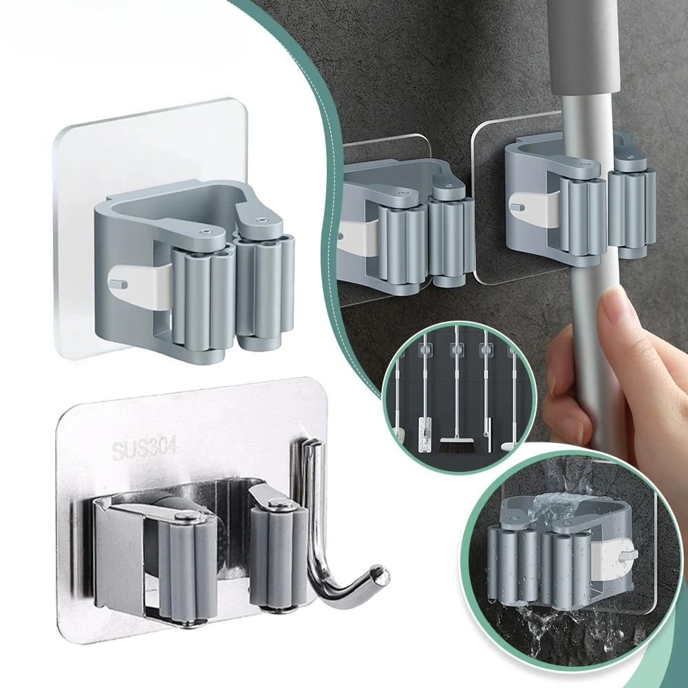 Wall-Mounted Multi-Purpose Hooks Mop Rack Mop Broom Storage Holder Clip Punch-free Bathroom Self-Adhesive Broom Organizer Hook