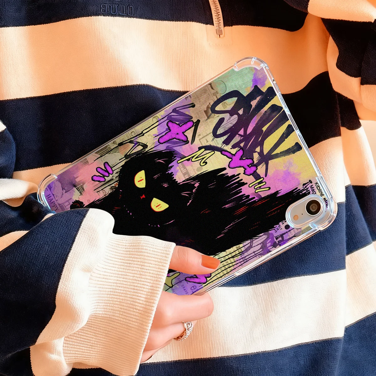 Transparent Tablet Case with Black Graffiti Cats Design