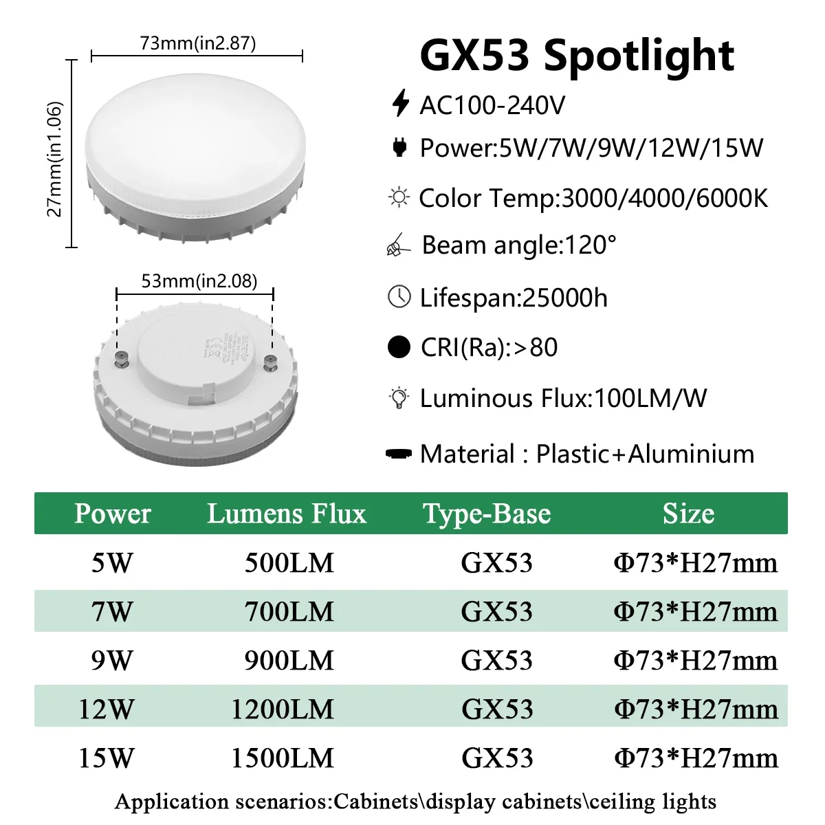 8개입 5W 7W 9W 15W GX53 LED 전구 AC100-240V 무광 퍽 따뜻한 조명 3000K 4000K 6000K 반사판 60W 상당 개조 부품