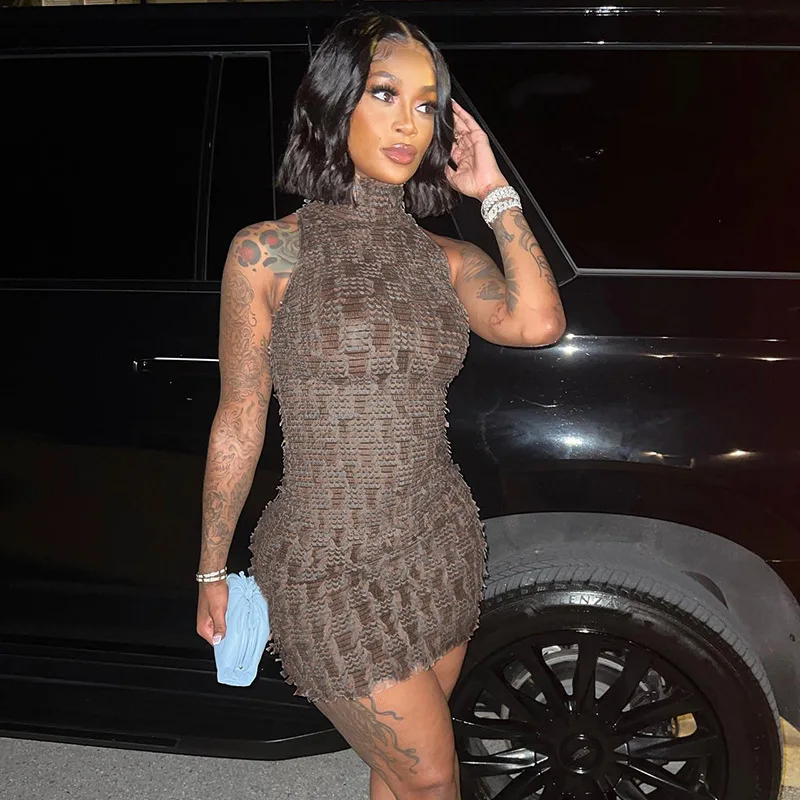 

2023 Matching Color Turtleneck Sleeveless Mini Dress Sexy Skinny Summer Women Casual Outfit Streetwear Y2K Wholesale Items