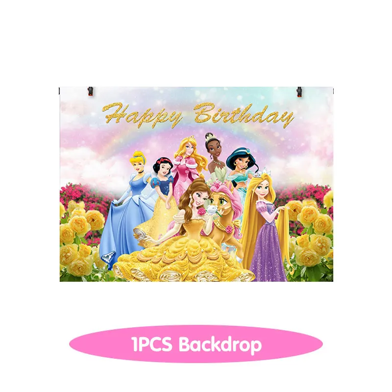 Decoración de cumpleaños de princesas de Disney, vajilla, vasos de papel, platos, globos, mantel, telón de fondo, pancarta, suministros para fiestas para bebés y niños