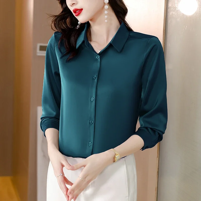 Shirt Women Office Work Satin Silk Clothing Women Shirt
