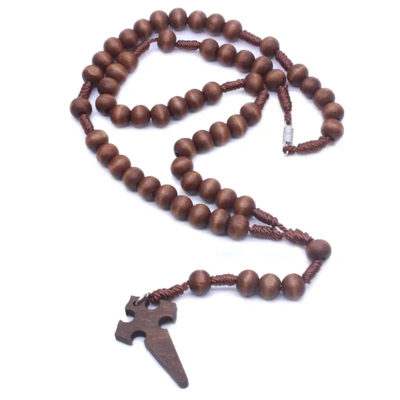 Jesus Wooden Prayer Beads 6mm Rosary for Cross Necklace Pendant Woven Rope Chain catholic rosary necklace