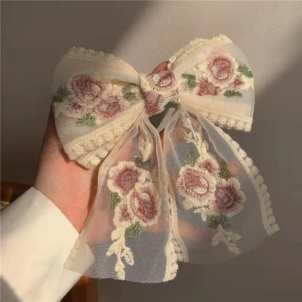 

2022 Ladies Super Fairy Spring Embroidery Lace Streamer Flower Oversized Bow Hairpin Hair Accessories Hair Rope Headwear