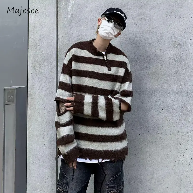 

Sweaters Men Hole Striped Slouchy Knitwear Normcore European Preppy Style Prevalent Youthful Vitality Baggy Advanced Irregular