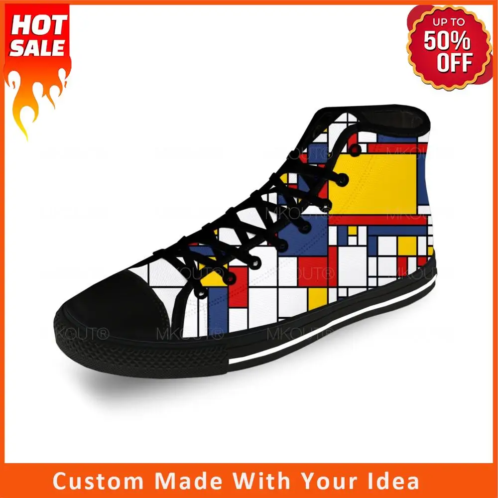 

Холщовые кроссовки Mondrian с абстрактным рисунком, Повседневная ткань, модные высокие кеды с 3D принтом, легкие дышащие, для мужчин и женщин