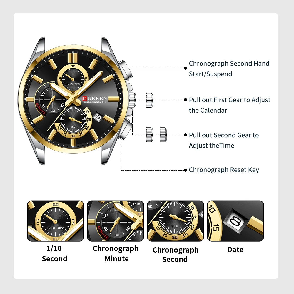 Curren *出品 CURREN Quartz Chrono Sport Watch Brands for Men - Stainless Steel