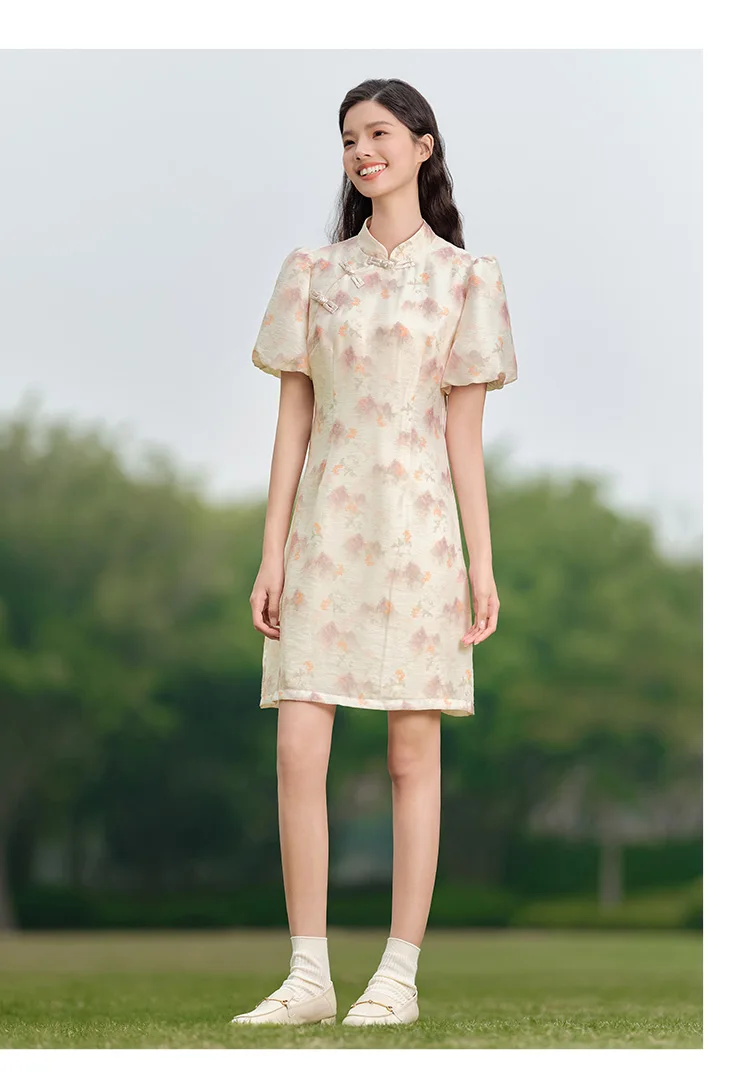 Vestido Cheongsam de verano con mangas abullonadas y estampado de pintura de tinta para mujer