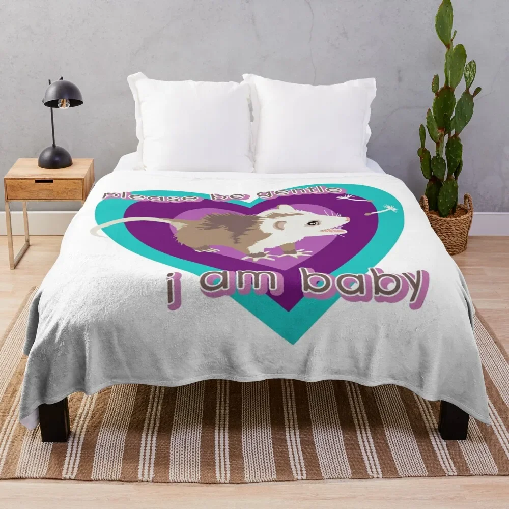 

Please Be Gentle - I Am Baby - Possum Print Throw Blanket Custom Hairys Blankets