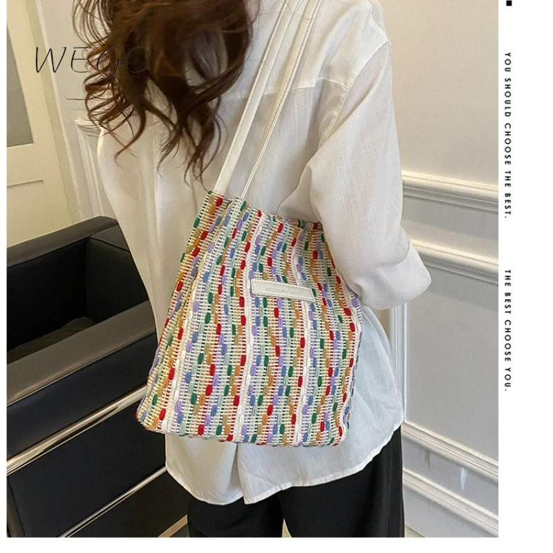 

Popular Tote Bag Women's Large Capacity New Summer Canvas Woven Colorful Shoulder Bags Premium Commuter