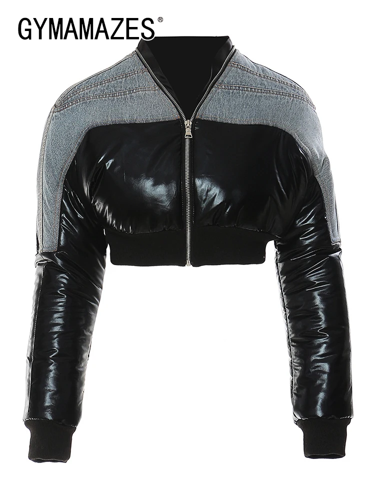 

GYMAMAZES Colorblock Patchwork Denim Parka For Women V Neck Long Sleeve Spliced Zipper Streetwear Parkas Female Fashion Style