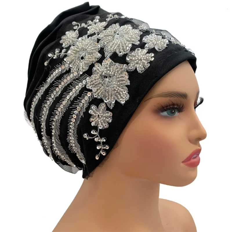 Luxury Embroidery Beading Pleated Turban Cap for Women African Female Wrap Head Bonnet Muslim Turban Hat Lady Head Wraps