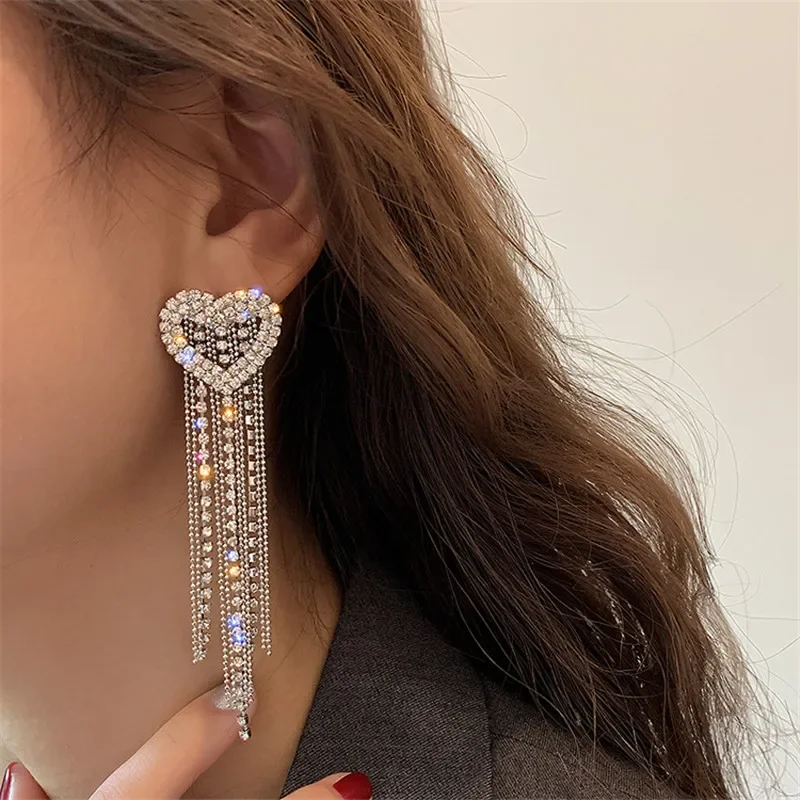 Heart Crystal Drop Earrings for Women Bijoux Long Tassel