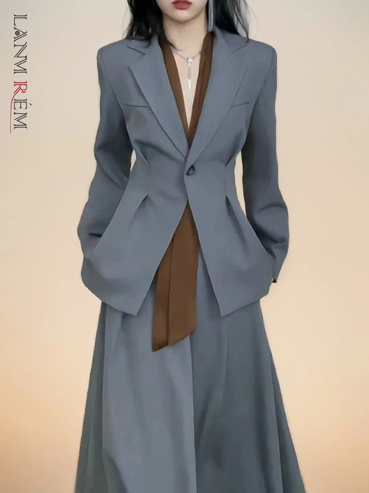 

[LANMREM] Elegant Suit Set Women Designer Blazers With Long Length Solid Skirt Office Lady Fashion Clothing Gray Black 2DA4816