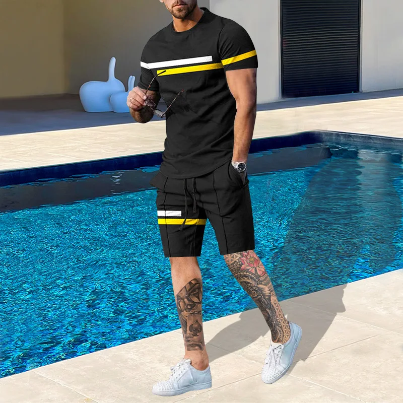 2023 Summer Solid Color 2PIeces T-Shirt Set Men Sportswear T-Shirts Suit For Men Oversized Street Short Sleeve Pants Tracksuit