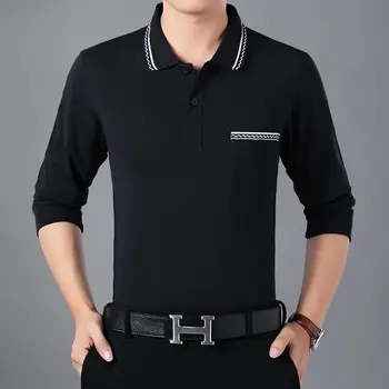 비즈니스 레저 캐주얼 폴로 셔츠, 다용도 패션, 단색 프린트, 라펠 단추 포켓, 느슨한 한국 남성 긴 소매 탑, 가을