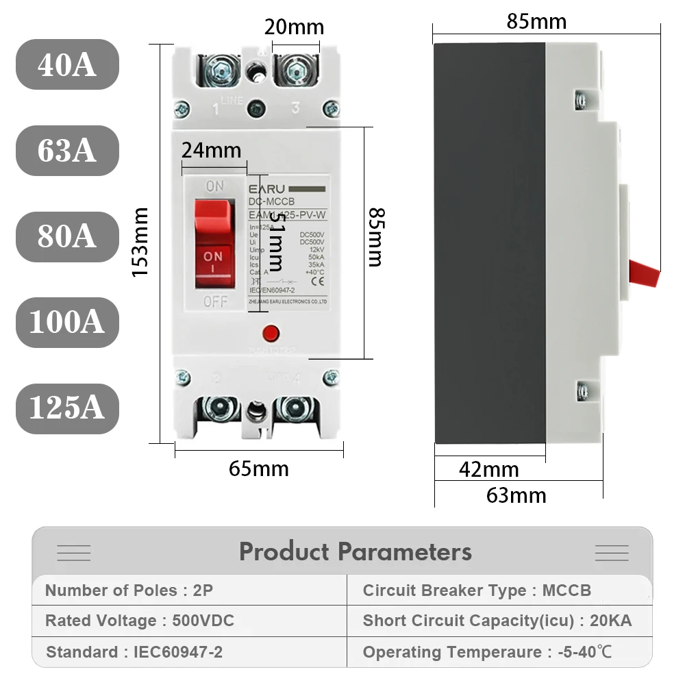 Earu EAM1-125PV 250V 500V DC Solar Molded Case Circuit Breaker MCCB Overload Protection Switch for Solar PV 100A 125A - Image 4