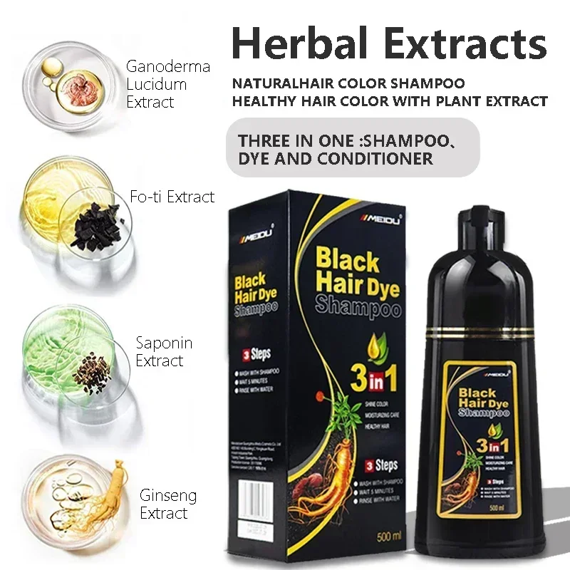 100ml/500ml Hair Dye Shampoo 3in1 Darkening Hairs Instant Gray To Black Polygonum Multiflorum Natural Coloing Cover for Women 2