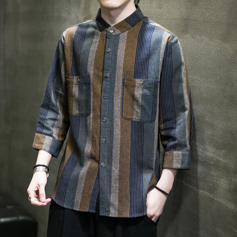 

2023 Summer Men Vintage Color Patchwork Half Sleeve Shirts Men Casual Stand Collar Linen Shirts Male Harajuku Streetwear Tops