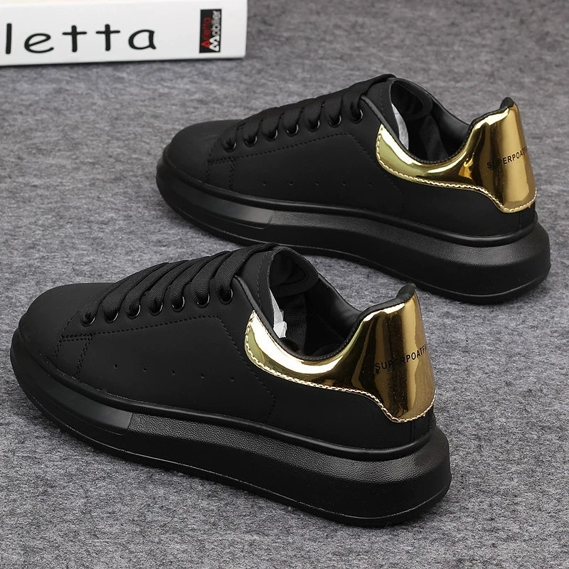 Fashionable casual shoes for couples, black and gold leather sneakers, outdoor tennis sneakers, luxury brand sneakers