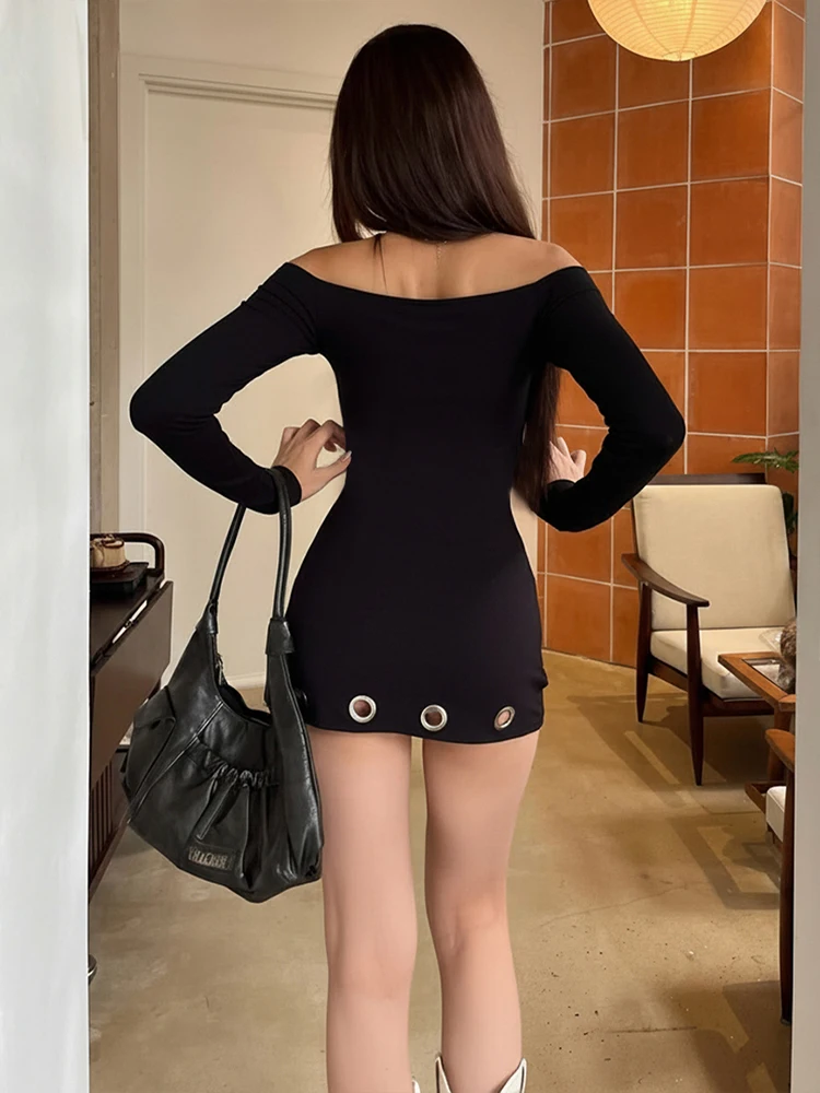 Nibber Metal Ring Hollow Dress Women Slash Neck Full Sleeve Slim Stretch Sexy Party Music Festival Skinny Midnight Mini Bodycon