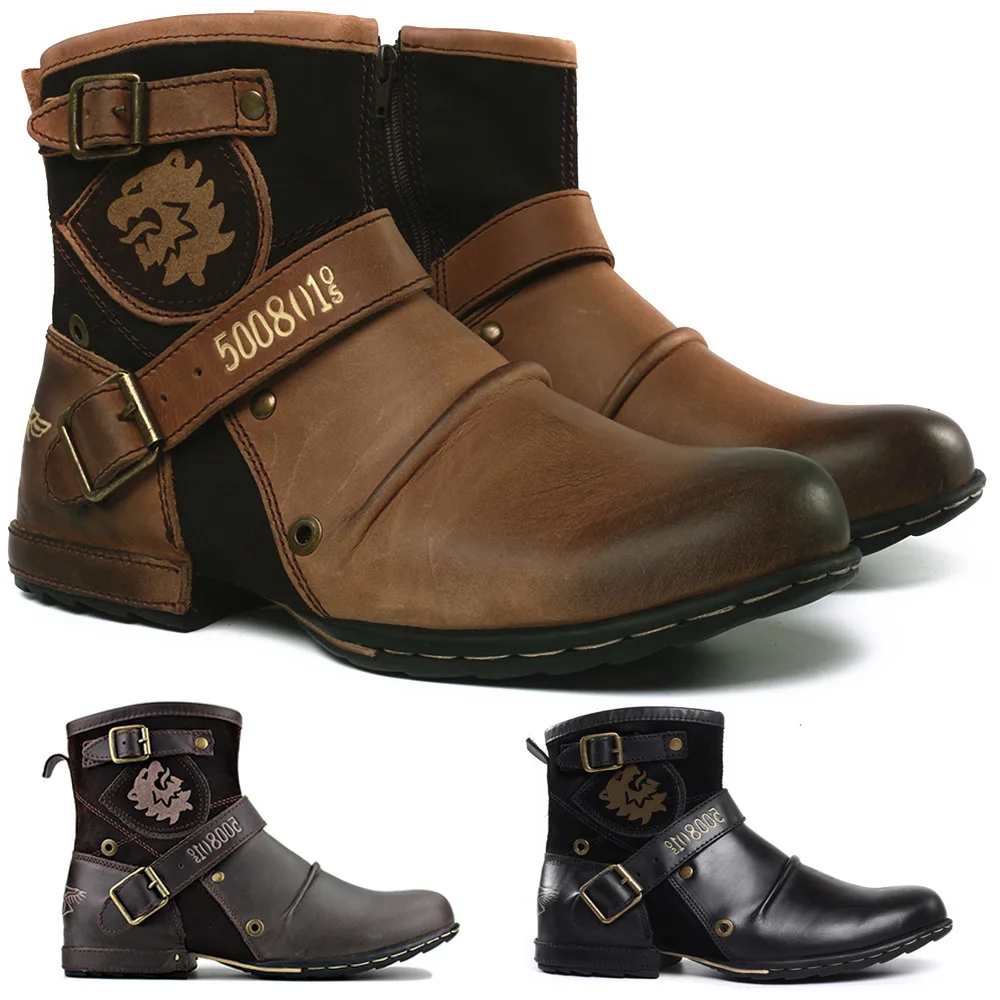 

WInter Fashion Men's Shoes Boots Warm Leather Vintage Motorcycle Male Boots Riding Retro 2023 Metal Style Zippers Men's Shoes