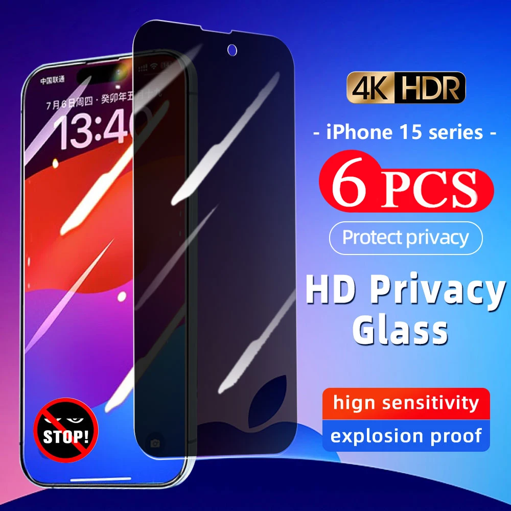 

6Pcs 9D tempered glass film for iphone 15 Pro Max 14 Plus 13 12 11 Pro X XR XS Privacy Glass smartphone phone screen protector
