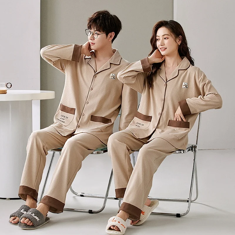 Autumn winter couple long sleeved cardigan pajamas waffle breathable cotton men's women's loose home clothes for spring_voghion.com