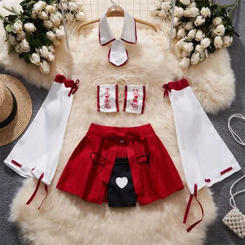 Japan Hotsweet Women's Sleepwear Set Strapless Cut Petal Sleeve Crop Top With Lace Up Pleat Mini Skirt Sexy Erotic Lingerie Set 1