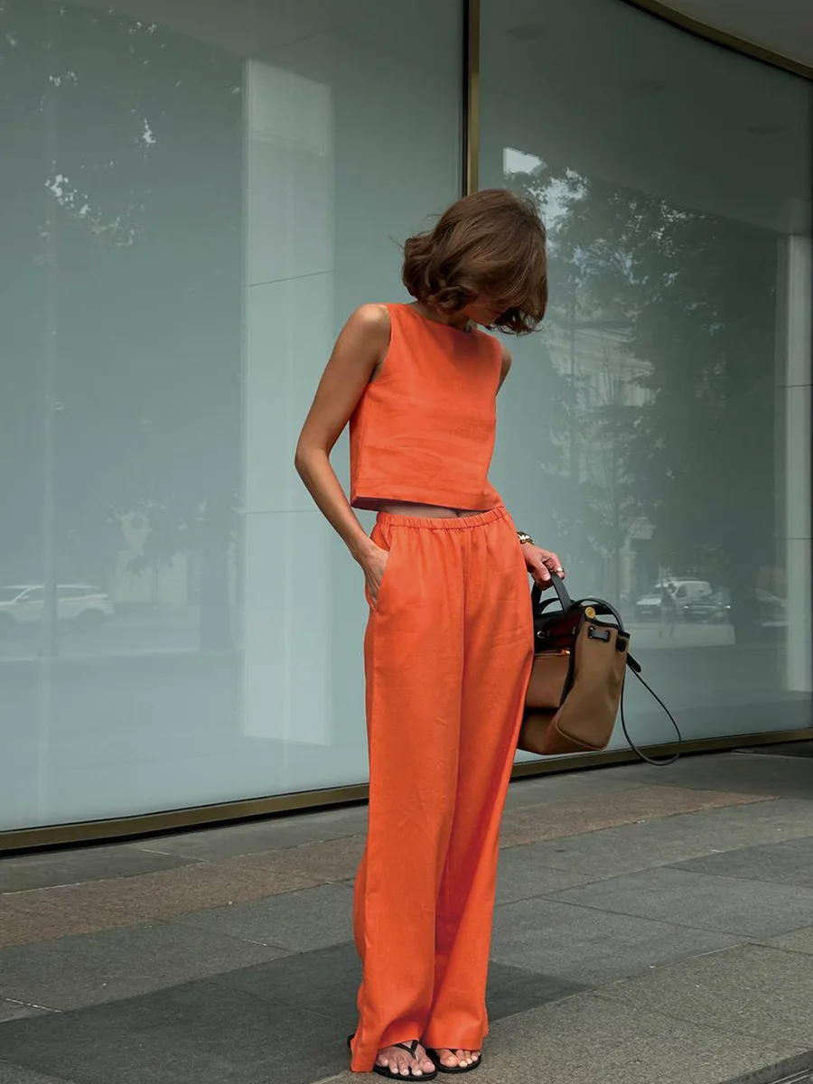Summer Fashion 2 Piece-Set Women's Pants Sleeveless Cropped Vest Top And Wide Leg Trousers Sets Female Outfits Trousers