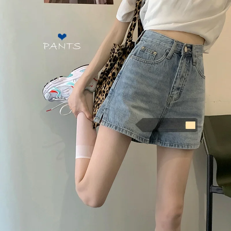 여성용 하이 웨이스트 사이드 슬릿 데님 반바지 루즈 피트 다목적 학생 와이드 레그 히트 바지 여름 얇은 스타일 