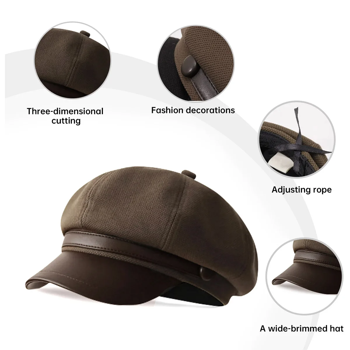 Large Head Circumference Woolen Newsboy Cap for Women, Suitable for All Seasons, Vintage British Style, Korean-Style Duckbill Cloud Hat, Painter's Hat